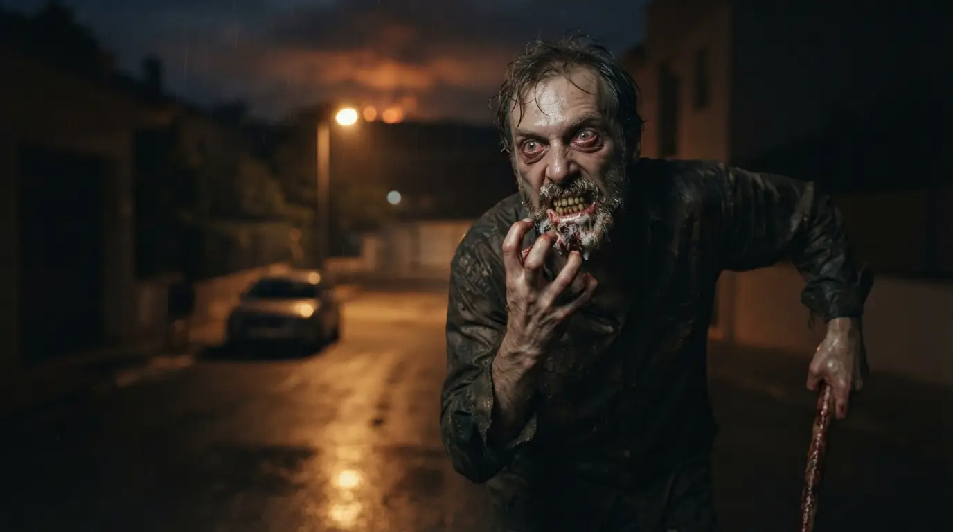 Primer plano de un hombre de aspecto demacrado y ensangrentad con rabia, al estilo de película de zombies.