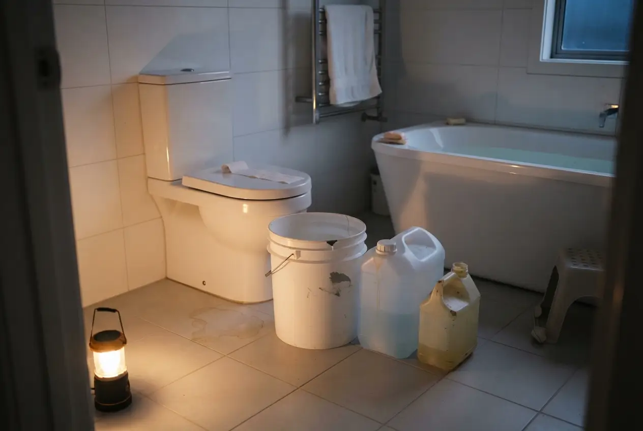 Cubo y garrafas llenos de agua junto a la taza del váter para las descargas manuales