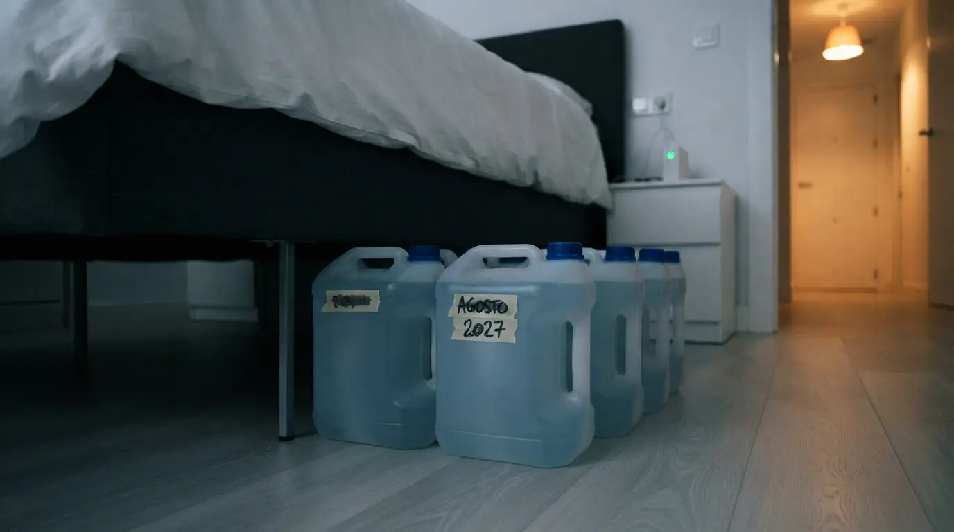 Almacenar agua en casa: garrafas de seis litros ordenadas con su fecha escrita a rotulador