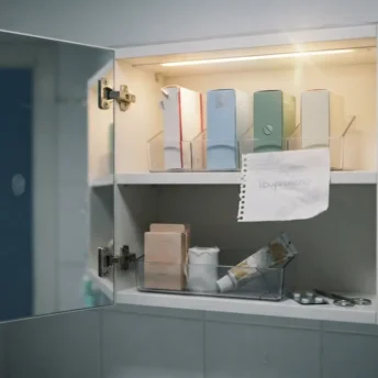 Armario de baño abierto con los medicamentos ordenados en cajas etiquetadas.