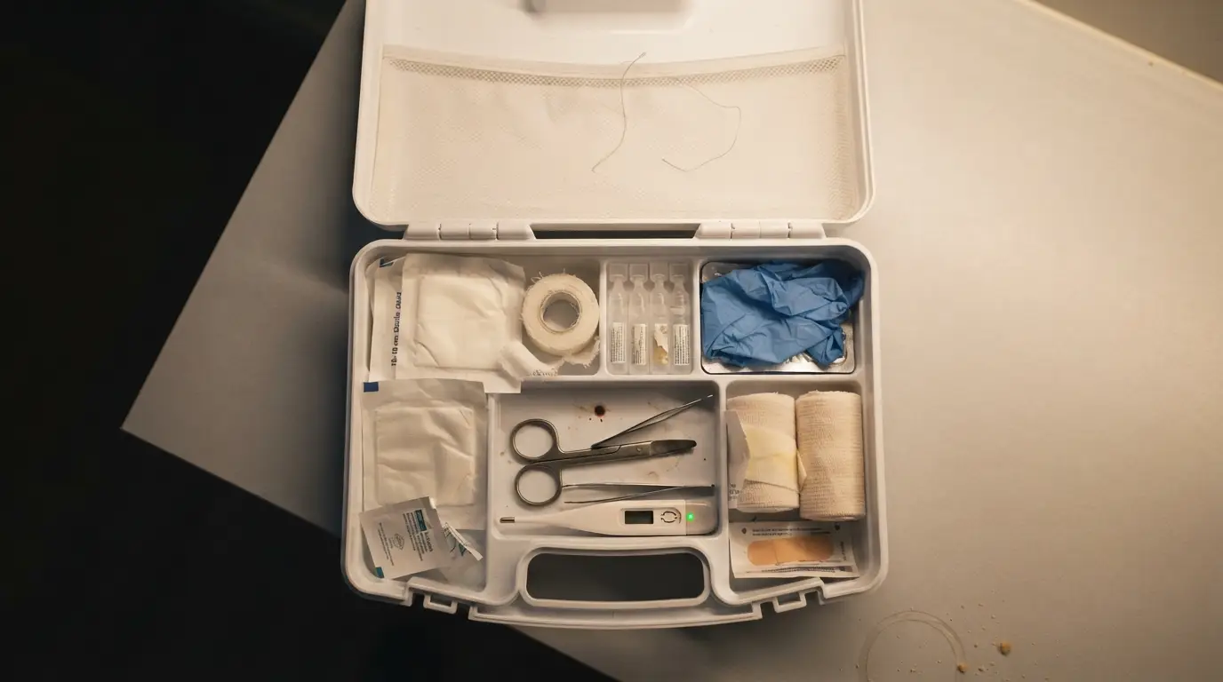 Botiquín casero completo abierto en una balda del baño con vendas, guantes y suero fisiológico