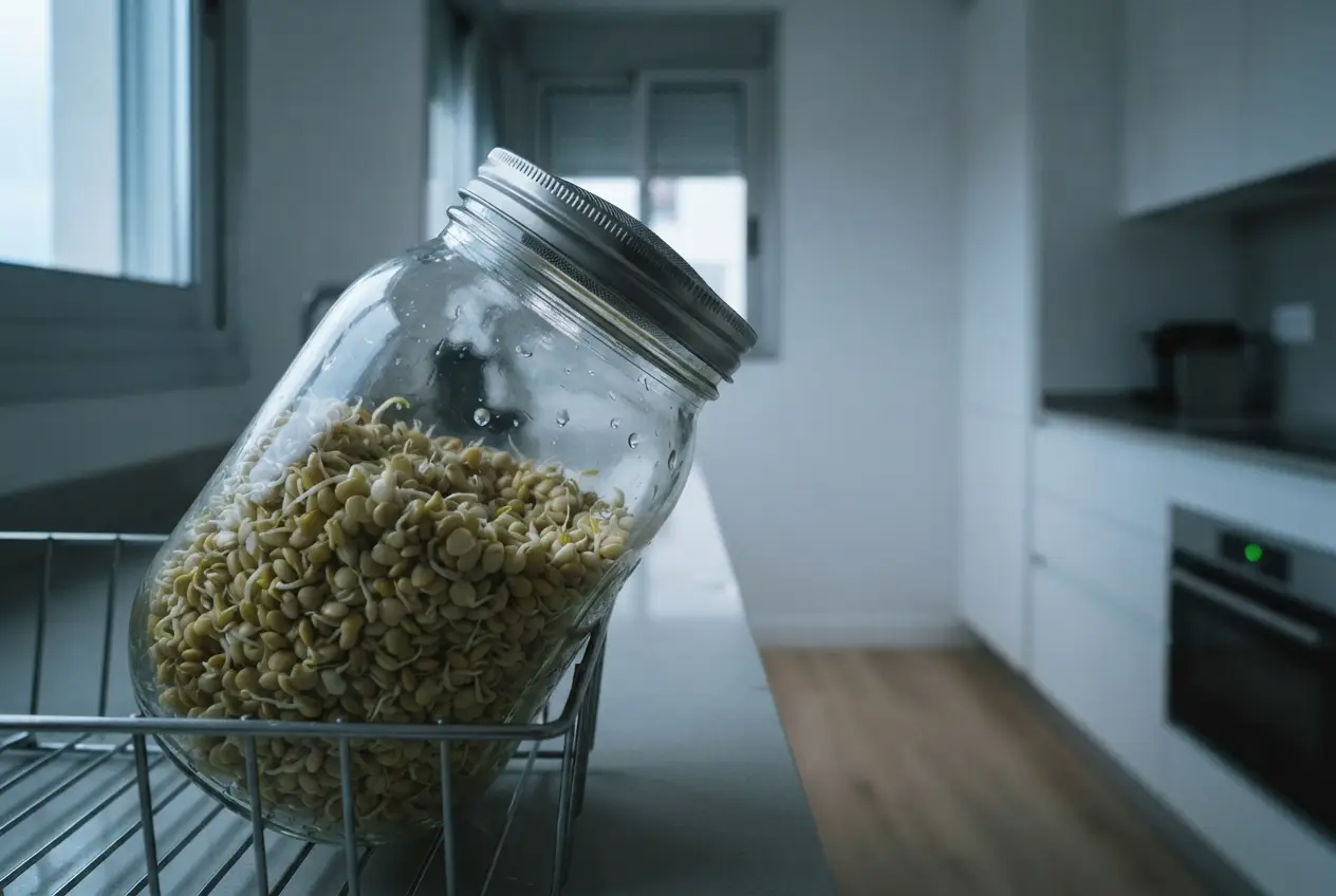 Tarro de cristal con brotes germinados de lenteja sobre la encimera de la cocina