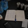 Calculadora de kit de emergencia sobre papel: garrafas, latas y una libreta con las cuentas hechas