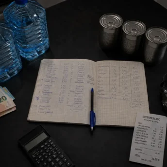 Calculadora de kit de emergencia sobre papel: garrafas, latas y una libreta con las cuentas hechas