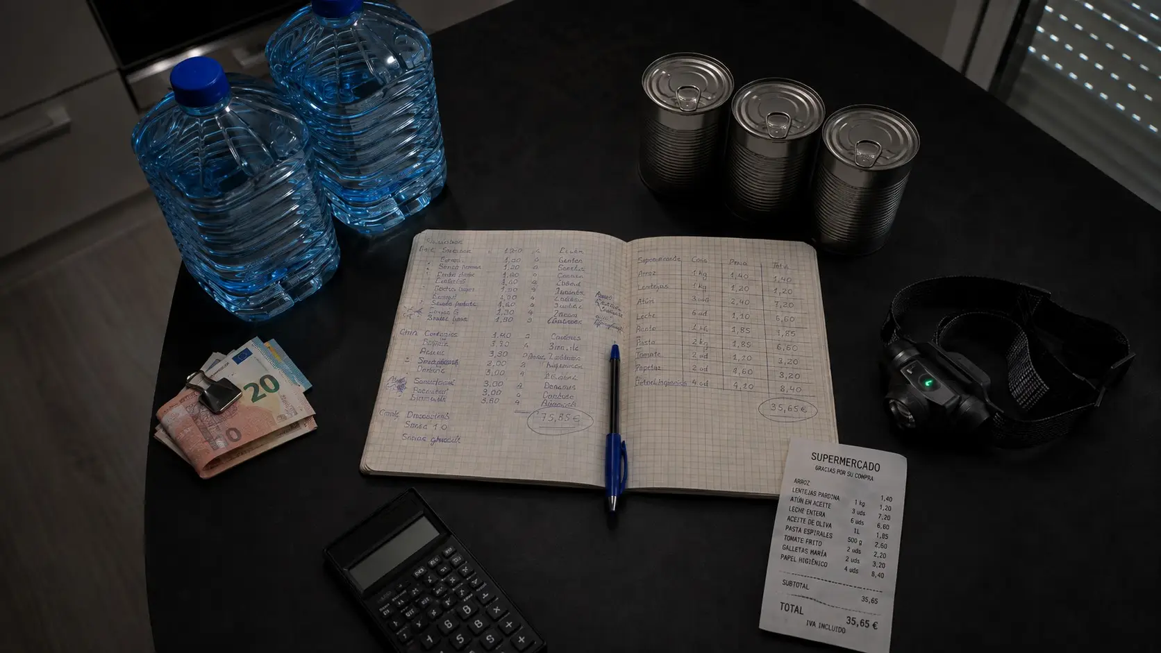 Calculadora de kit de emergencia sobre papel: garrafas, latas y una libreta con las cuentas hechas