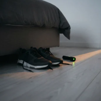 Zapatillas cerradas y una linterna pequeña colocadas bajo el borde de una cama, en la penumbra