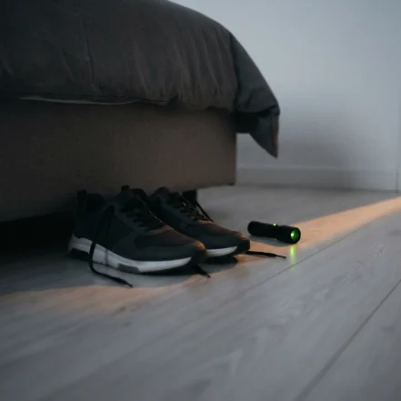 Zapatillas cerradas y una linterna pequeña colocadas bajo el borde de una cama, en la penumbra