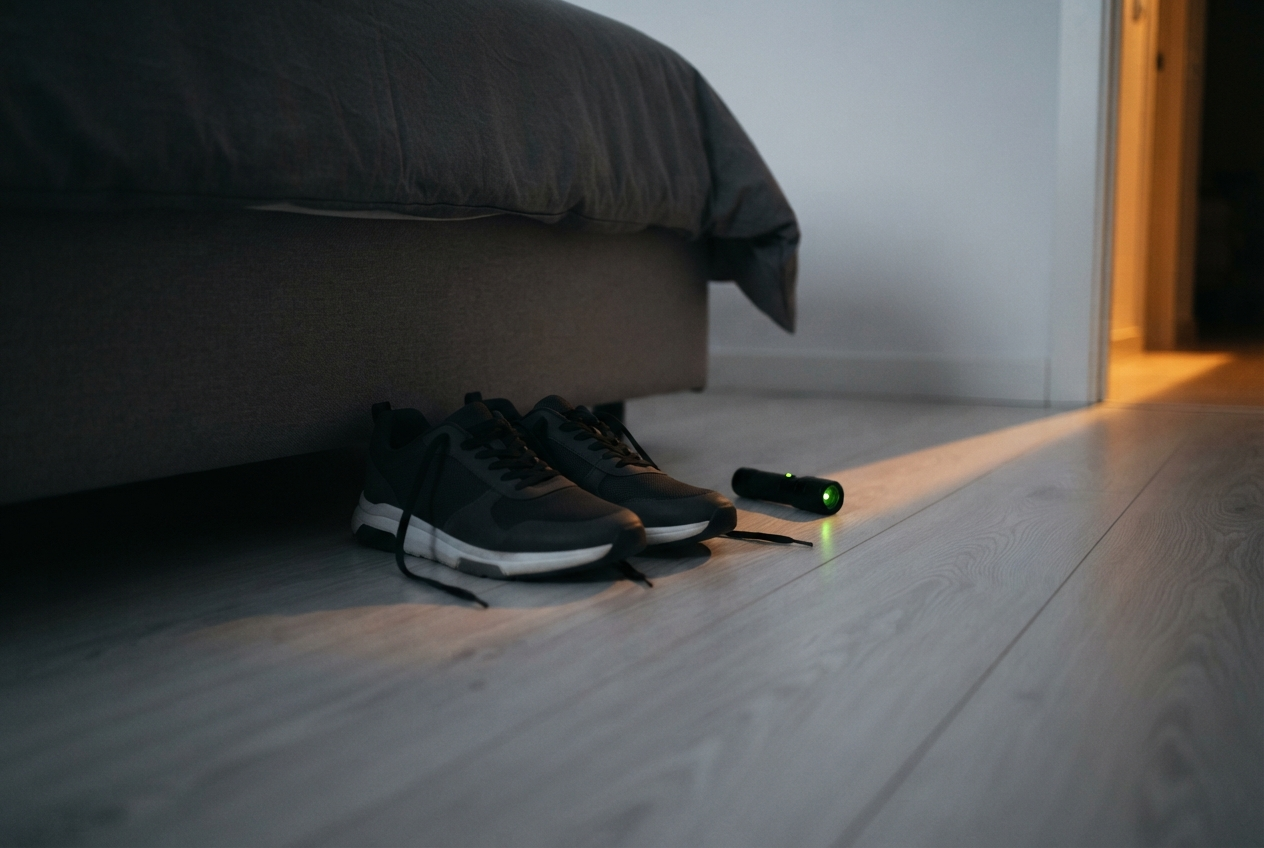 Zapatillas cerradas y una linterna pequeña colocadas bajo el borde de una cama, en la penumbra