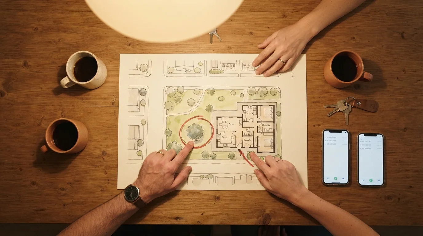 Familia compartiendo información sobre un plano de la casa.