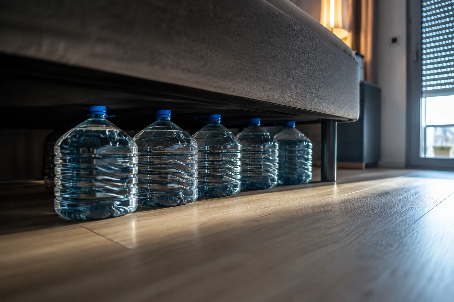 Garrafas de agua de cinco litros apiladas debajo de la cama en un dormitorio moderno
