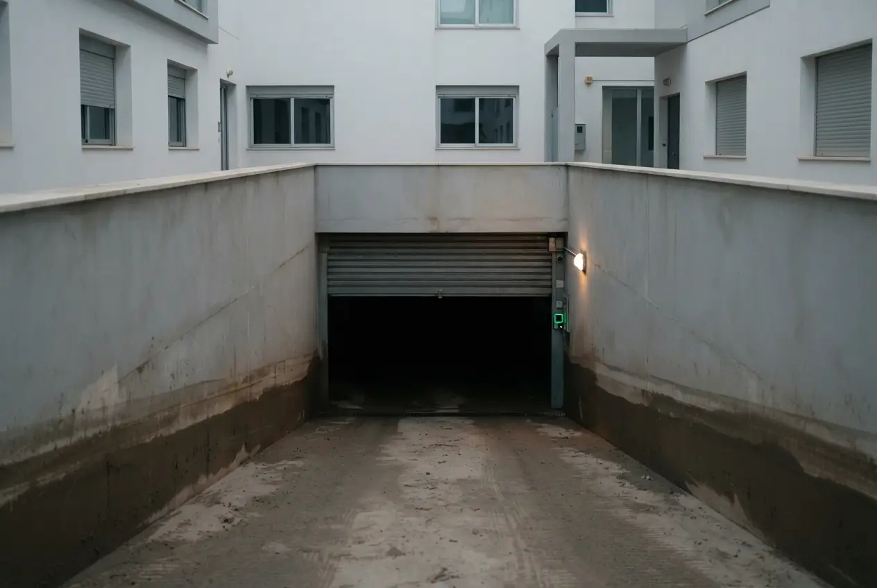 Rampa de un garaje subterráneo con la marca del agua en la pared y barro en el suelo