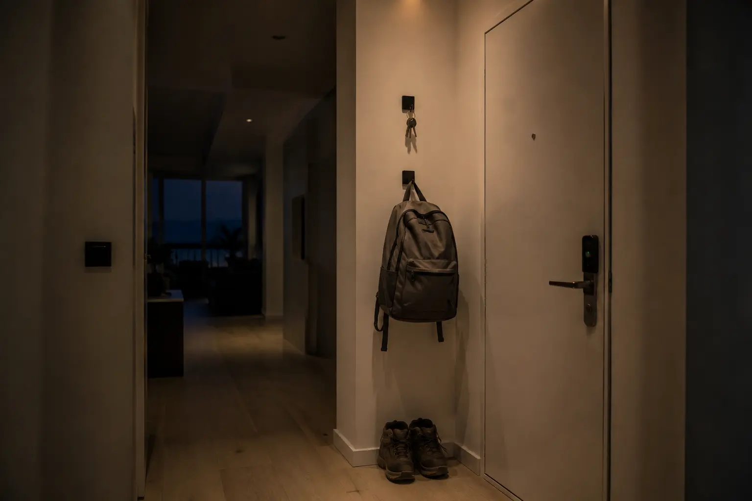 Mochila gris colgada de un gancho junto a la puerta de entrada de un piso, con las llaves al lado