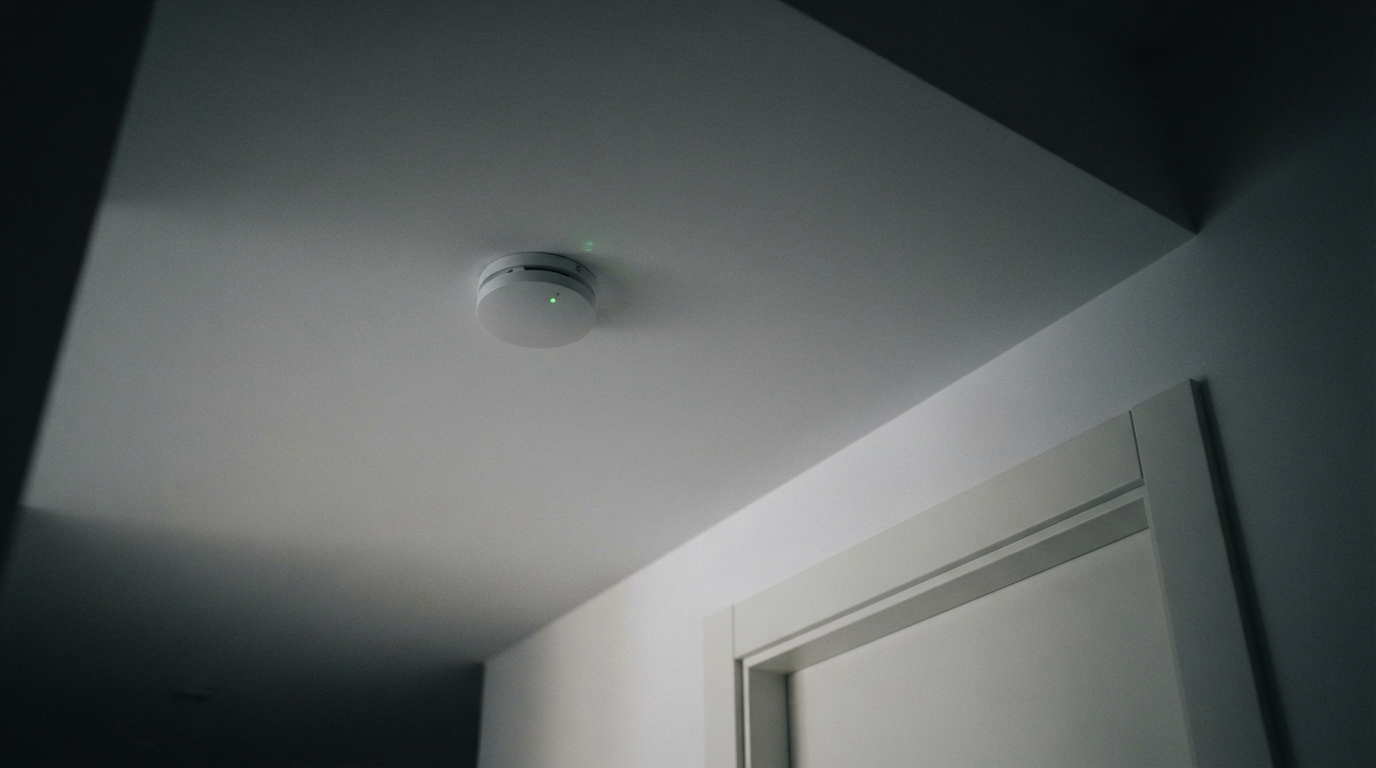Detector de humo en el techo de un pasillo de vivienda con la luz piloto encendida