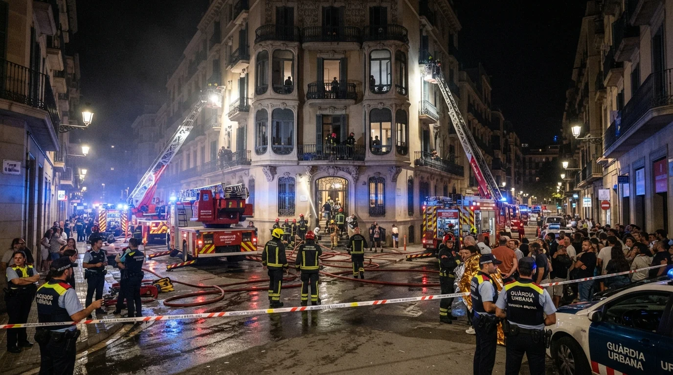 Cuerpos de emergencia actuando en un edificio de viviendas durante la noche.