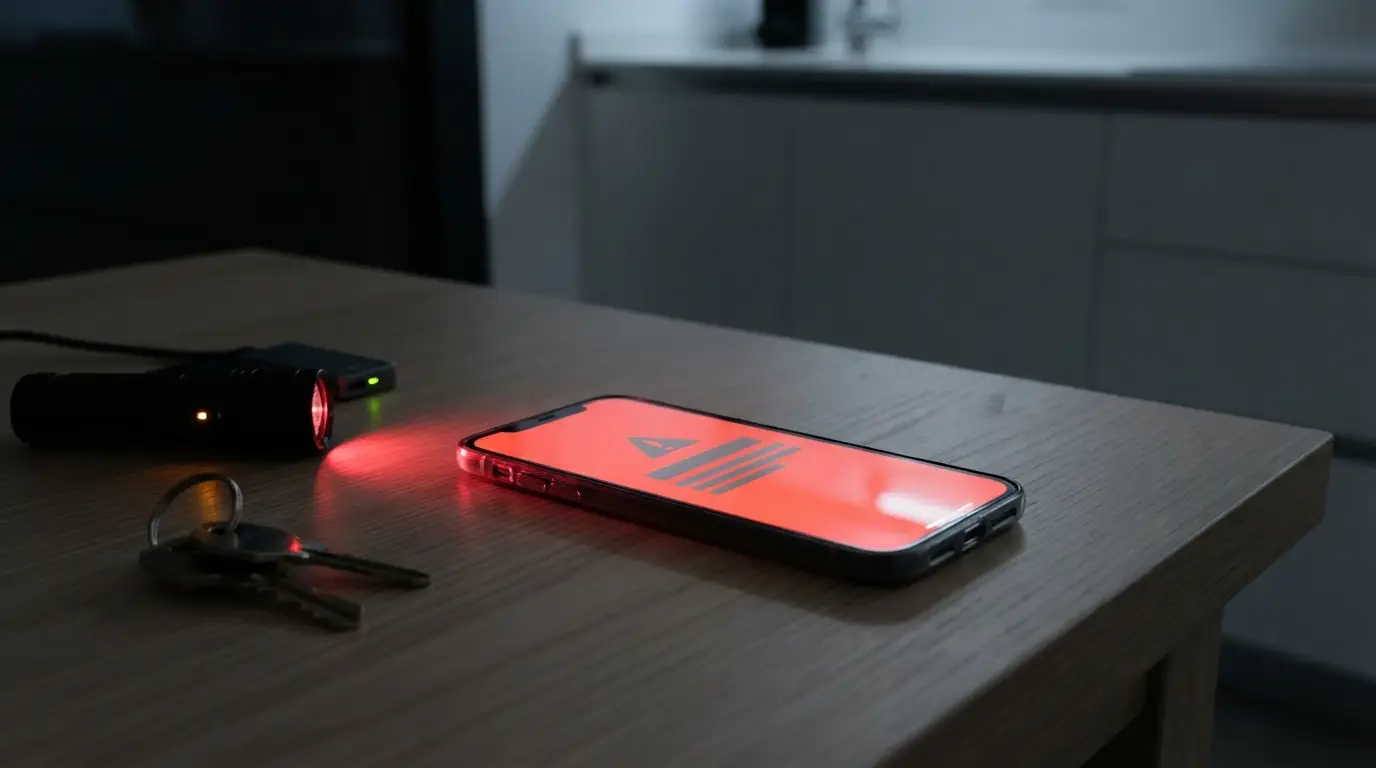 Móvil sobre una mesa mostrando una alerta de Protección Civil a pantalla completa