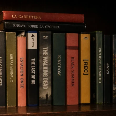 Novelas, cómics y cajas de videojuego del género apocalíptico alineados en una estantería oscura