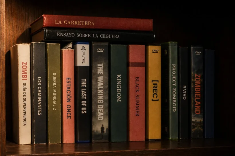 Novelas, cómics y cajas de videojuego del género apocalíptico alineados en una estantería oscura