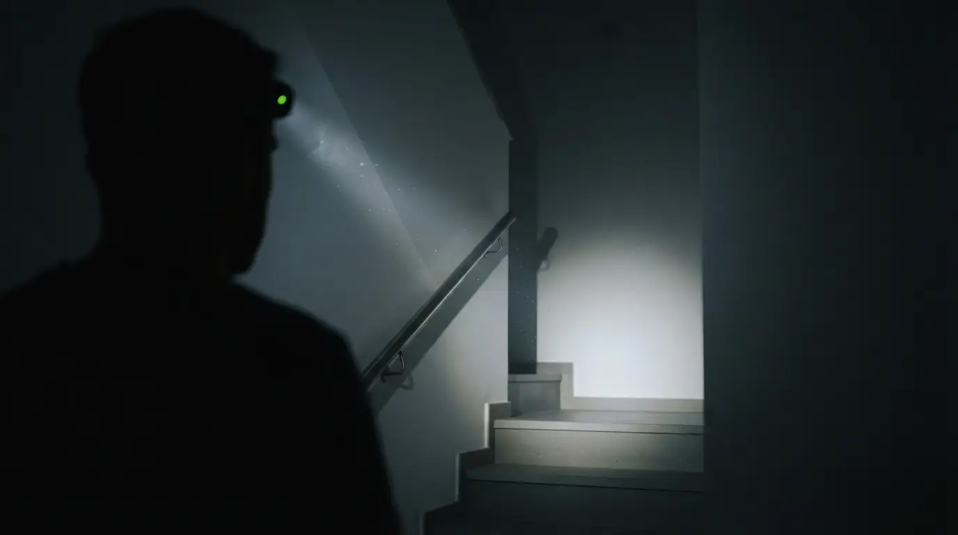 Haz de luz de un frontal iluminando el rellano de una escalera a oscuras