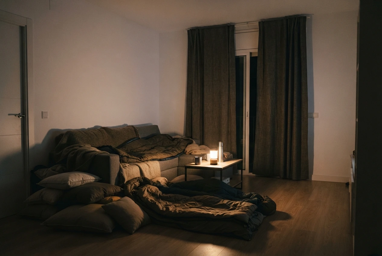 Salón con mantas y sacos preparados en una sola habitación durante un corte de calefacción