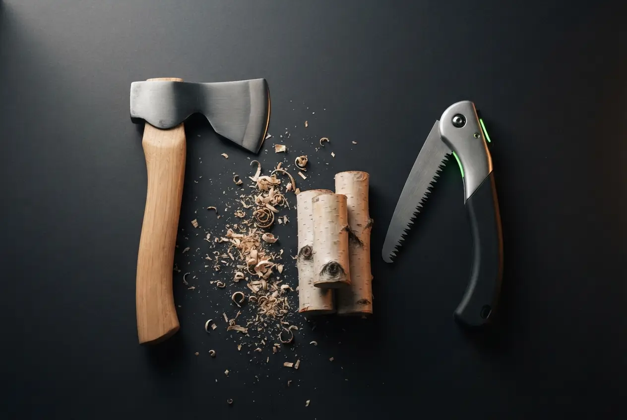 Hachuela de mano y sierra plegable de poda apoyadas sobre madera cortada