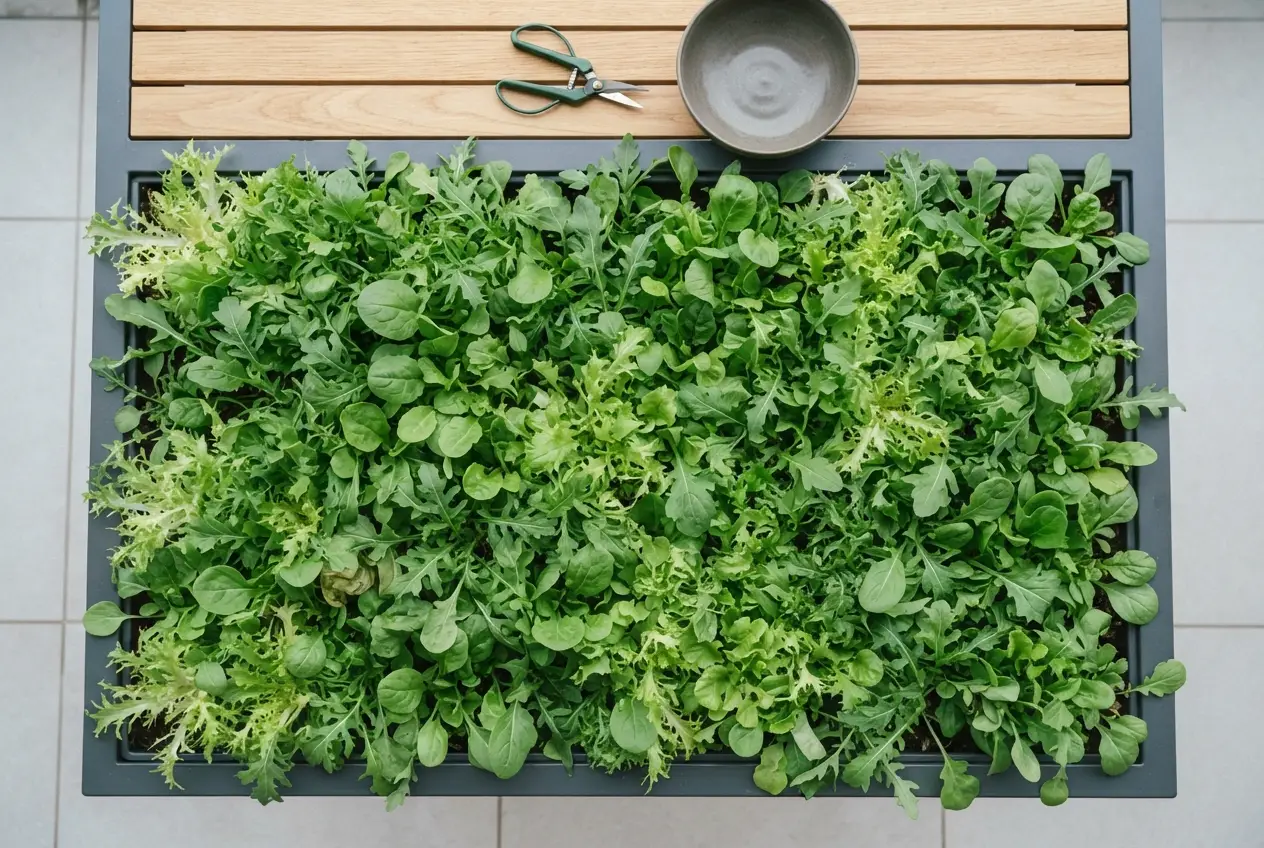Mesa de cultivo sembrada de mezcla de hoja de corte lista para el primer corte
