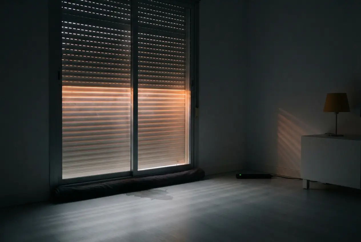 Persiana bajada de un piso con luz anaranjada de humo filtrándose por las rendijas