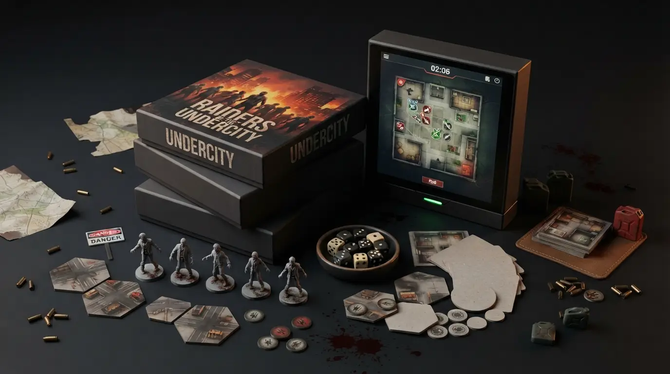 Cajas de juegos de mesa de zombies apiladas junto a dados y miniaturas sin pintar