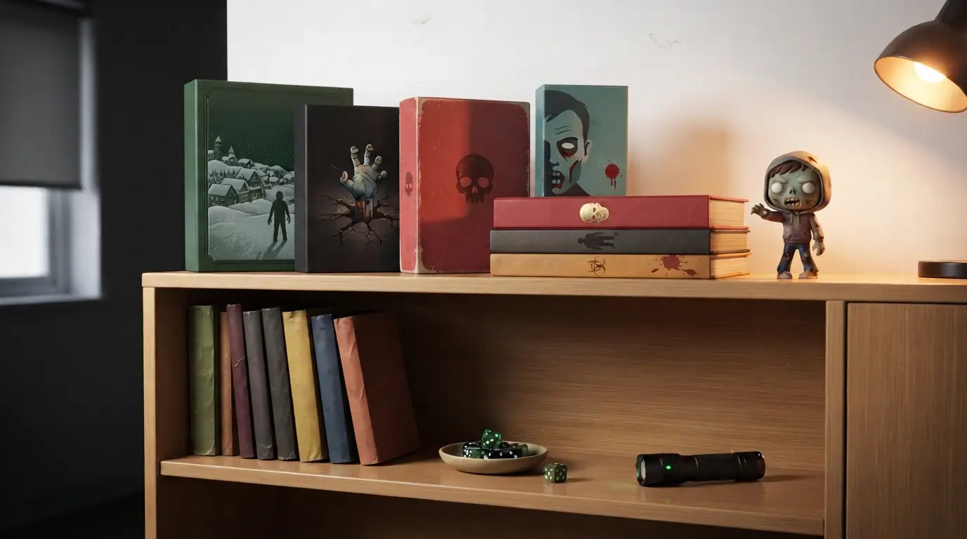 Estantería de salón con juegos de mesa, cómics y una figura ordenados por tramos de precio