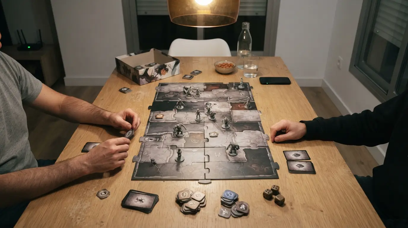 Partida de juego de mesa cooperativo de zombies en marcha sobre una mesa de comedor