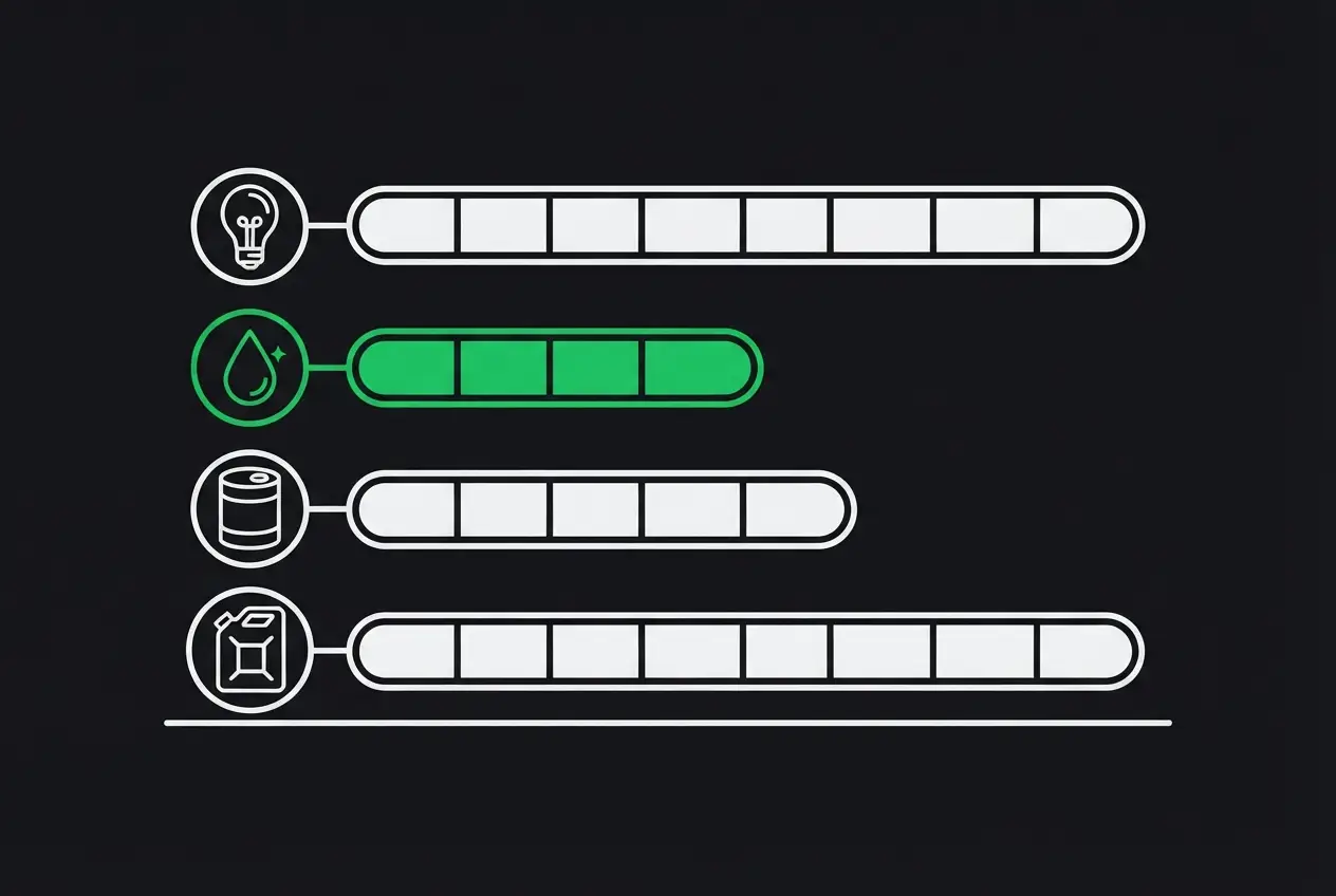 Esquema de los recursos que gestiona un juego de supervivencia: luz, agua, comida y combustible