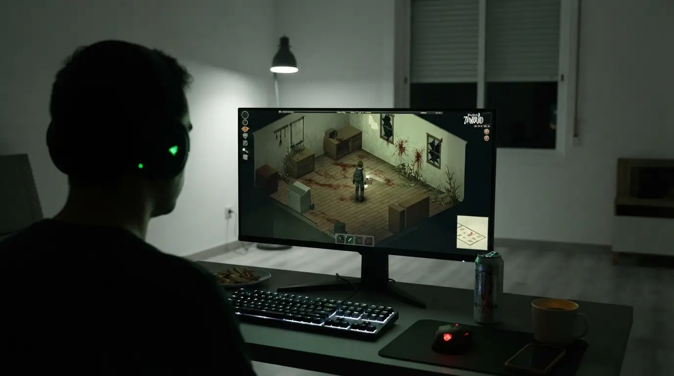 Plano medio de espaldas de una persona con auriculares jugando en un ordenador a Project Zomboid.