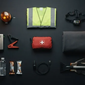 Kit de emergencia para el coche extendido sobre el maletero: baliza V-16, chaleco, frontal y arrancador