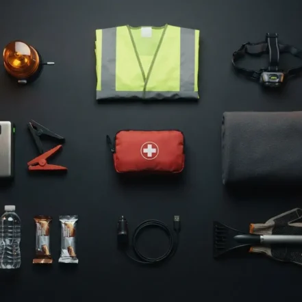 Kit de emergencia para el coche extendido sobre el maletero: baliza V-16, chaleco, frontal y arrancador