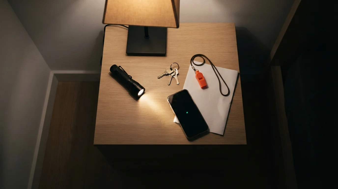 Kit de emergencia dormitorio sobre la mesilla de noche: linterna encendida, llaves, móvil y silbato