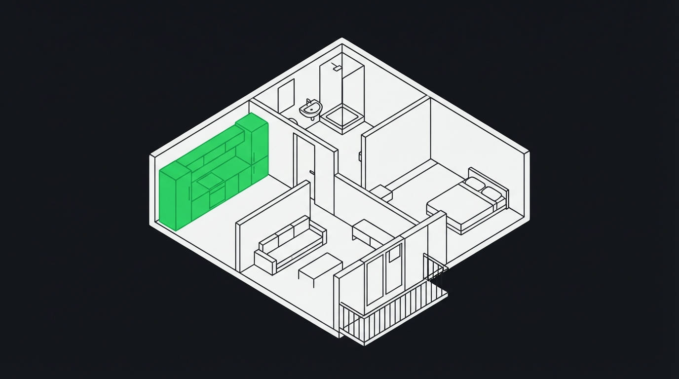 Plano isométrico de un piso moderno con las siete habitaciones marcadas una a una