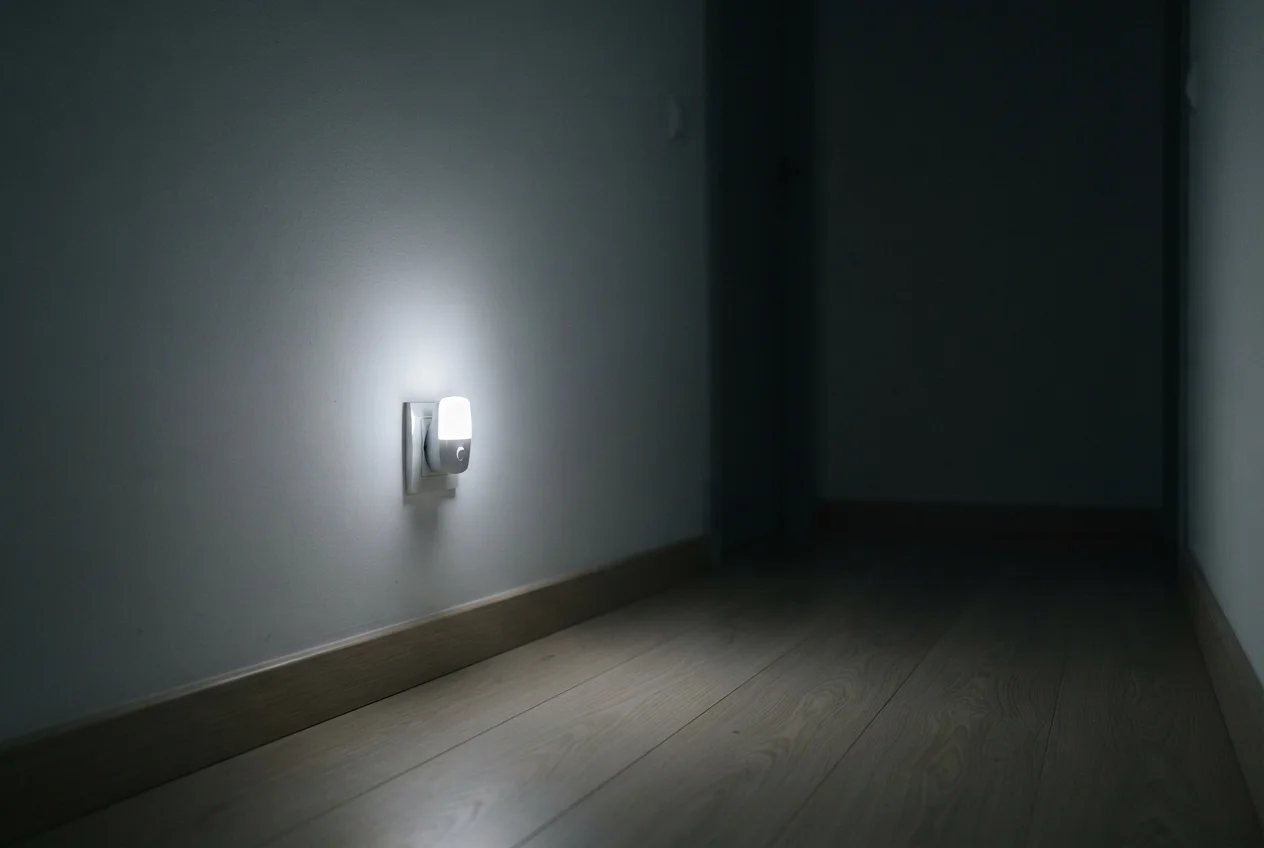 Luz de emergencia de enchufe encendida sola en el pasillo de un piso durante un apagón