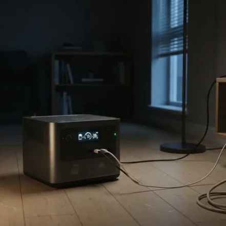 Estación de energía portátil alimentando un router y un portátil durante un apagón