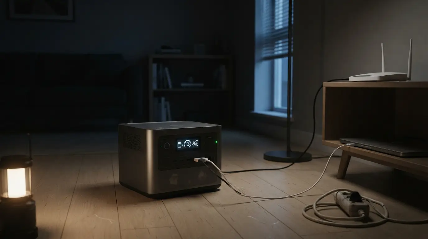 Estación de energía portátil alimentando un router y un portátil durante un apagón