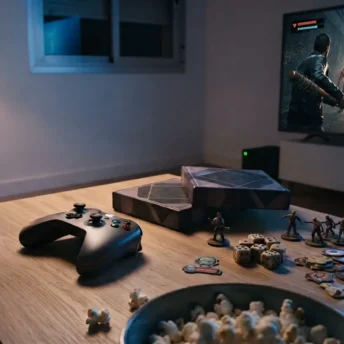 Los mejores juegos de zombies: mando, cajas de juego de mesa y dados sobre una mesa a oscuras