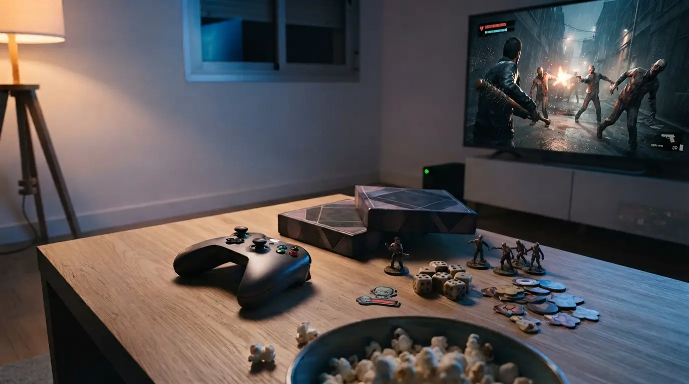Los mejores juegos de zombies: mando, cajas de juego de mesa y dados sobre una mesa a oscuras