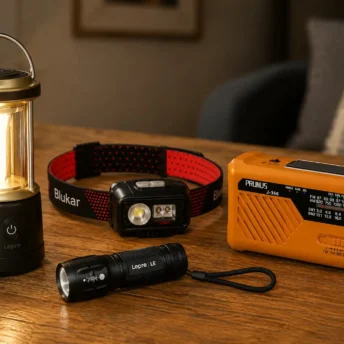 Linterna de emergencia, frontal, farol y radio de manivela alineados sobre una mesa oscura