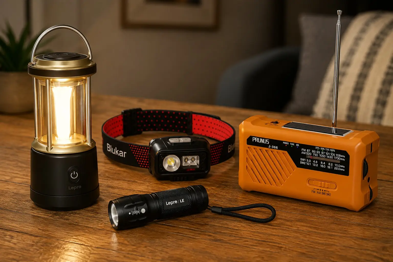 Linterna de emergencia, frontal, farol y radio de manivela alineados sobre una mesa oscura