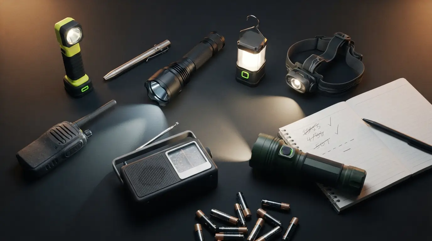 Varias linternas y radios sobre una mesa de trabajo junto a una libreta de notas