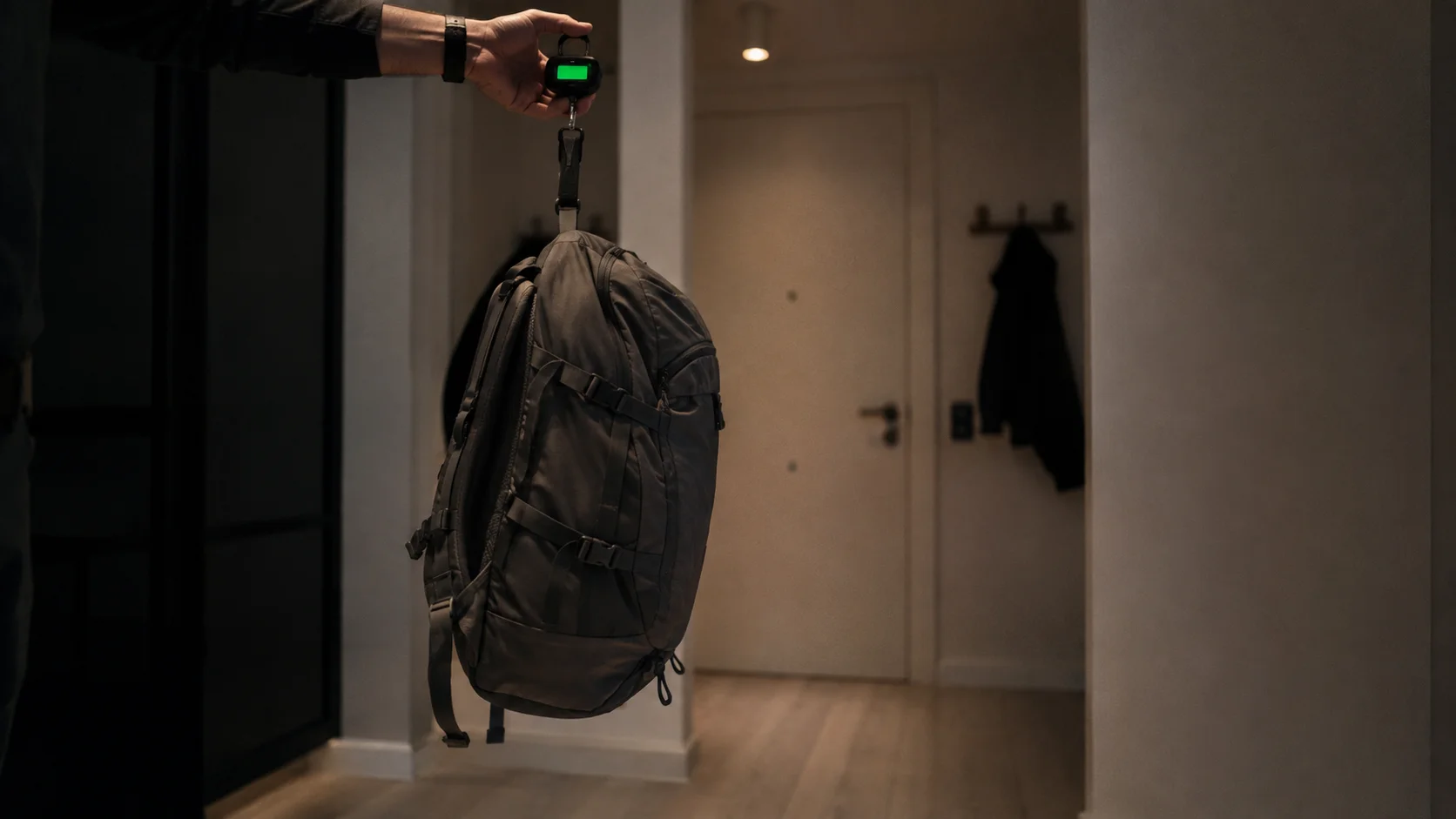 Persona pesando una mochila de emergencia colgada de una báscula de mano en el pasillo