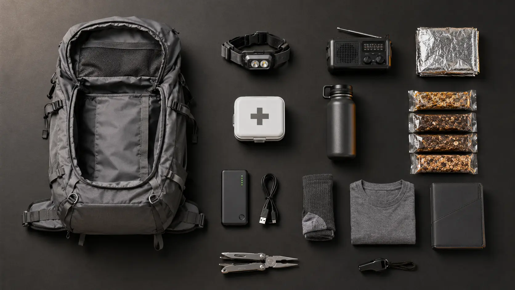 Mochila de emergencia 72 horas con todo su contenido extendido y ordenado sobre el suelo