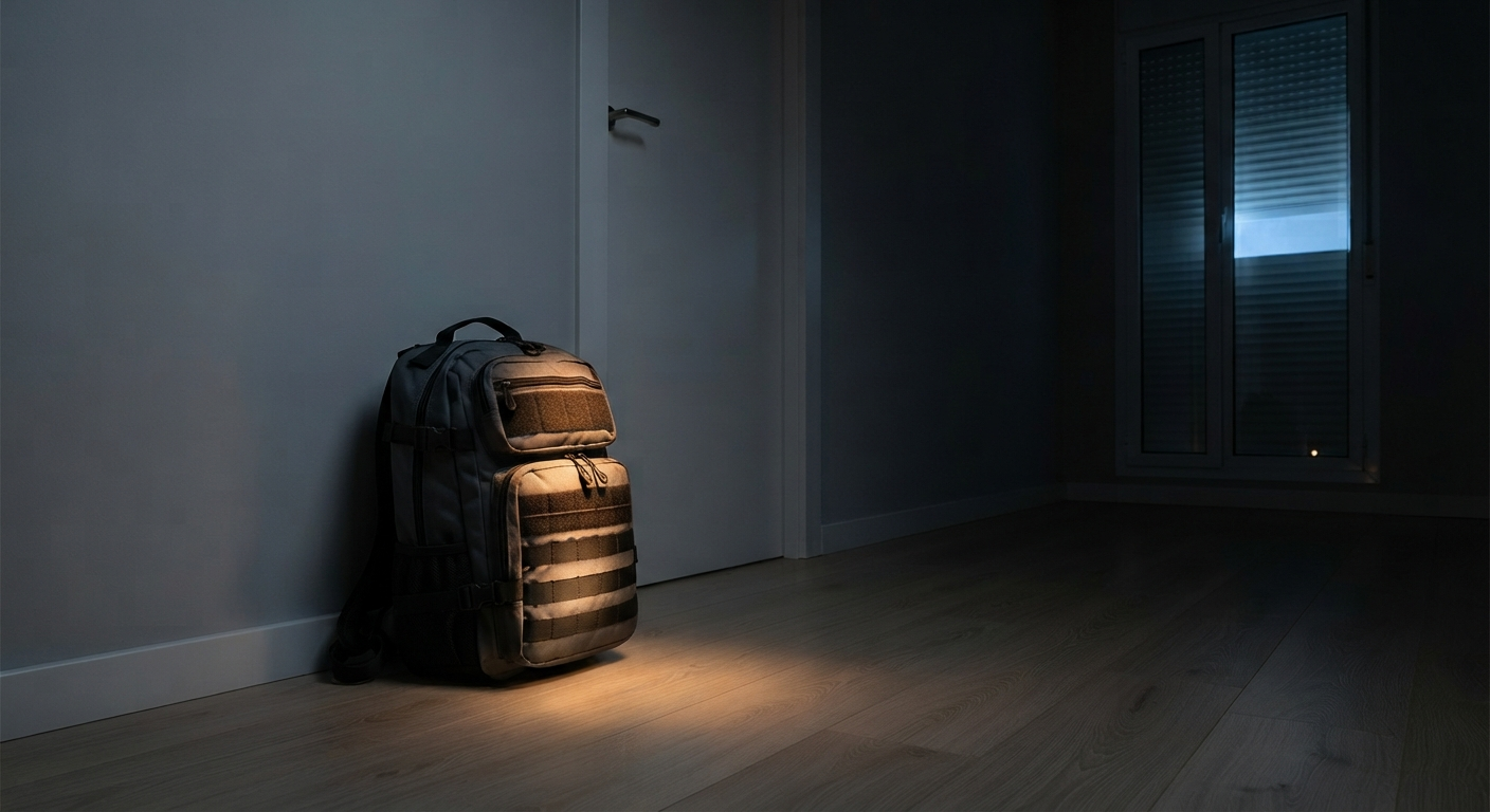 Mochila de 72 horas apoyada en la pared.