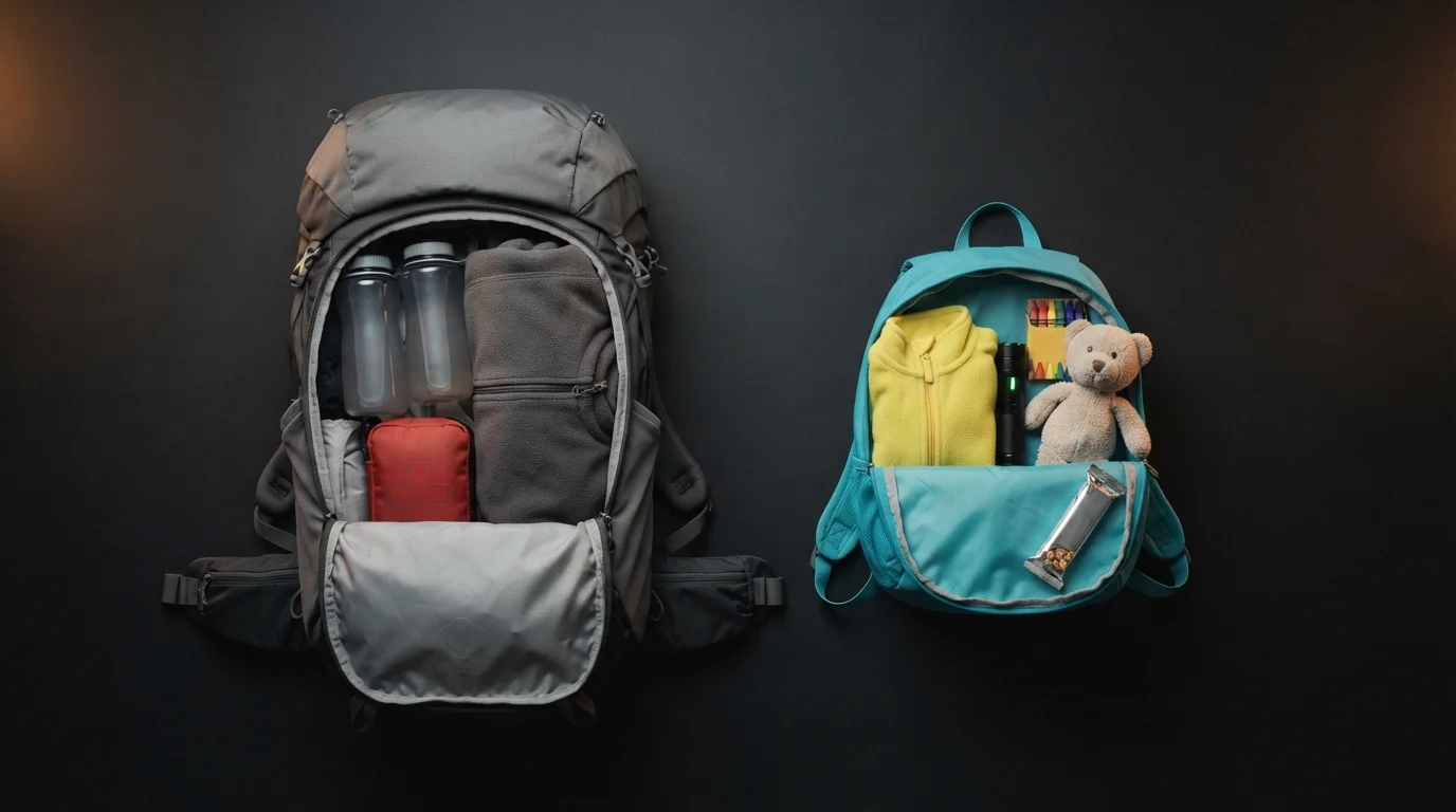 Mochila de adulto y mochila infantil abiertas una junto a otra con su contenido diferenciado