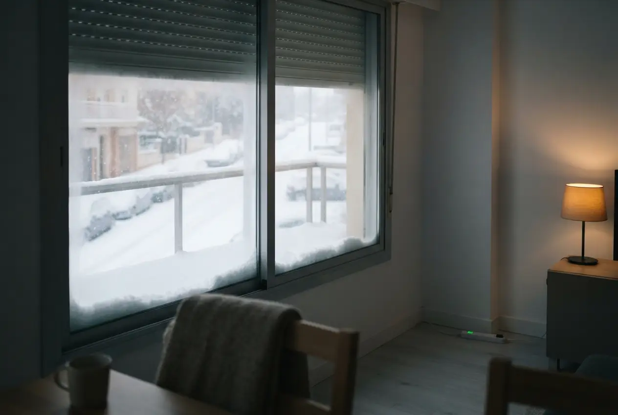 Ventana de un piso con nieve acumulada en el alféizar y la calle nevada al fondo
