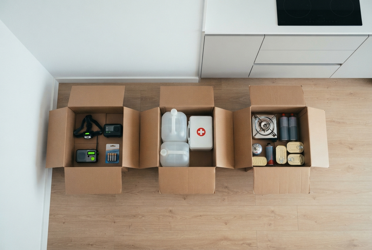 Tres cajas de cartón abiertas con el material de cada mes de preparación ordenado dentro