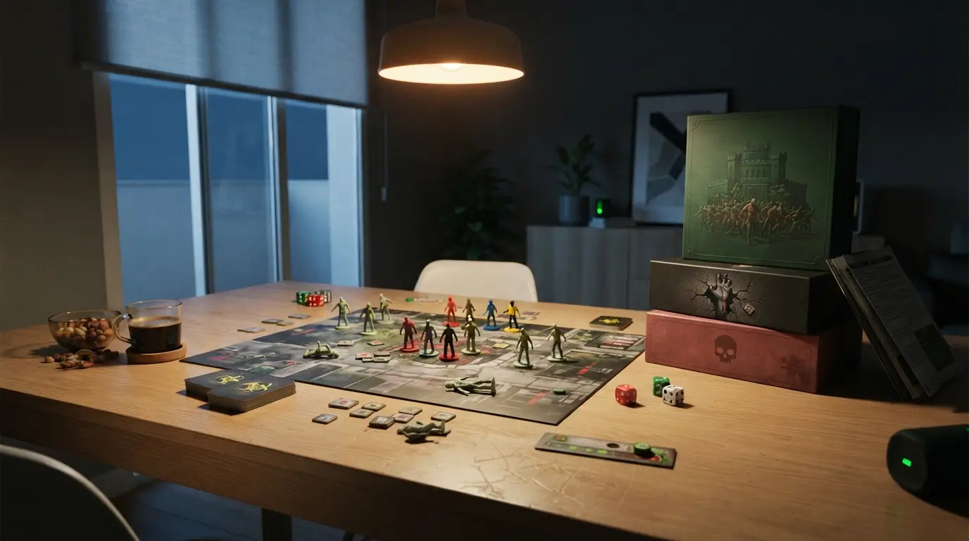 Partida a medias de un juego de mesa zombie.